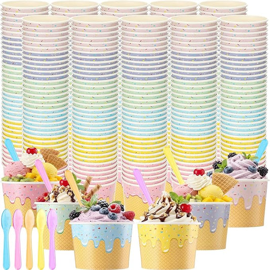 Jingmore 240 Set Paper Ice Cream Cups Bulk with Spoons 6 oz Disposable Sundae Bowls Colorful Paper Dessert Cups Containers for Snack Yogurt Soup Summer Bar Party Supplies