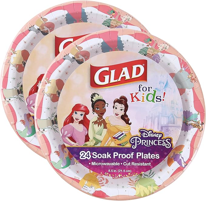 Glad for Kids Disney Princess Disposable Paper Plates, Magic is in All of Us Design - Heavy Duty, Soak-Proof, Microwavable Kid-Friendly Plates for Everyday Meals, 8.5 inch, 24 Count - 2 Pack