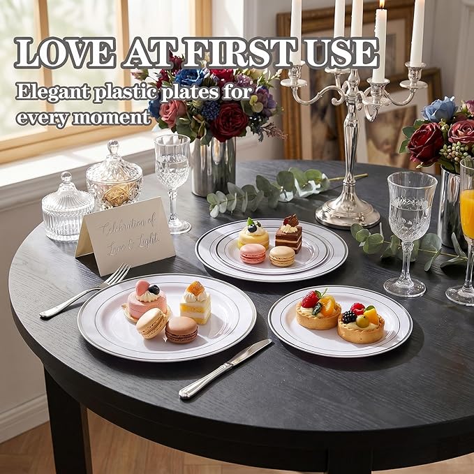 I00000 102pcs Silver Plastic Plates, Disposable Plastic Party Plates with White Silver Rim Fancy Wedding Party Plates Include 51 Dinner Plates 10.25" and 51 Dessert Appetizer Plates 7.5"
