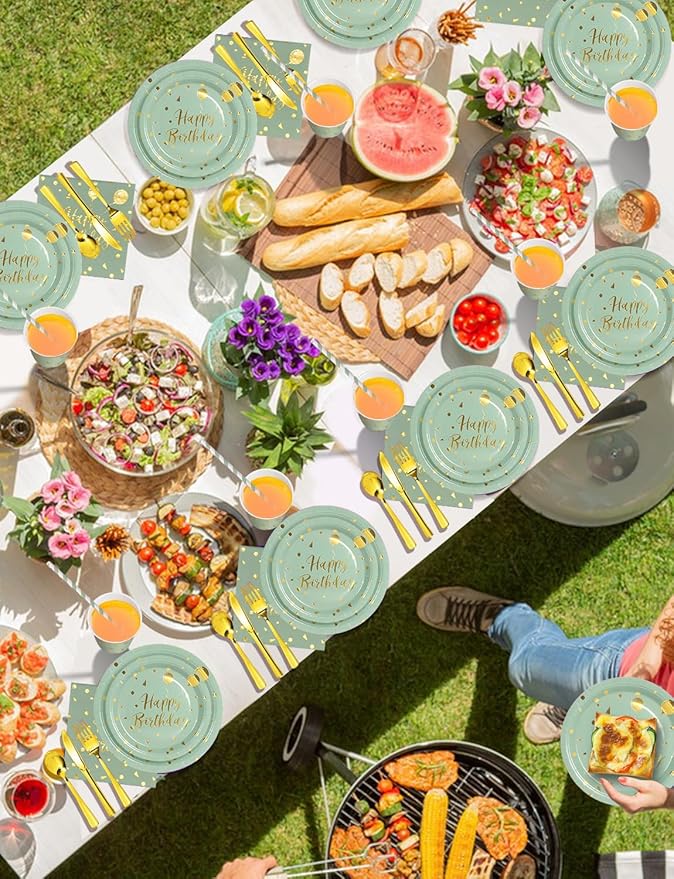 Nkaiso Birthday Party Tableware Set, 161 Pieces Sage Green and Gold Disposable Plates Napkins Cups & Cutlery, Serves 20 for Adult Birthday, Baby Shower, Wedding