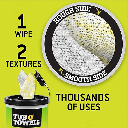 Tub O' Towels TW75 Heavy-Duty Multi-Surface Cleaning Wipes – Dual Texture 10" x 12" XL, 75 Count – Removes Grease, Tar, Oil, Paint, Ink & Tough Stains – Degreaser for Home, Garage, Auto & Workshop
