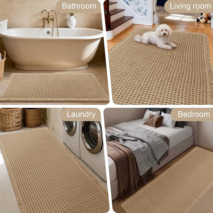 ACCUMTEK Upgraded Waffle Bath Mat, 32"x20" Beige, Super Absorbent Non-Slip Quick Dry Bathroom Rugs with Tassels, Machine Washable Ultra Soft Boho Bath Rugs for Floor, Toilet Mats Boho Farmhouse Decor