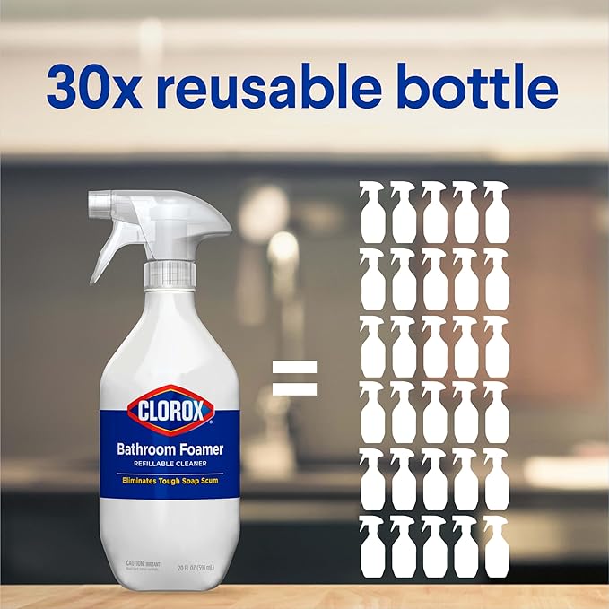 Clorox Bathroom Foamer Refill Cartridge for Clorox Bathroom Foamer Reusable Spray Bottle, Household Essentials, Fresh Scent, 2 Spray Refills