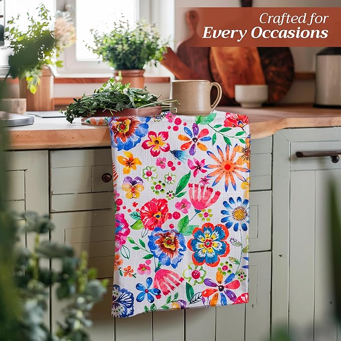 Maison d' Hermine Kitchen Towels Set of 3 100% Cotton 27.50" x 20" Reusable Cloth Tea Dish Towels Absorbent with Hanging Loop for Farmhouse Hotel Spring Summer - Happy Florals - High Summer