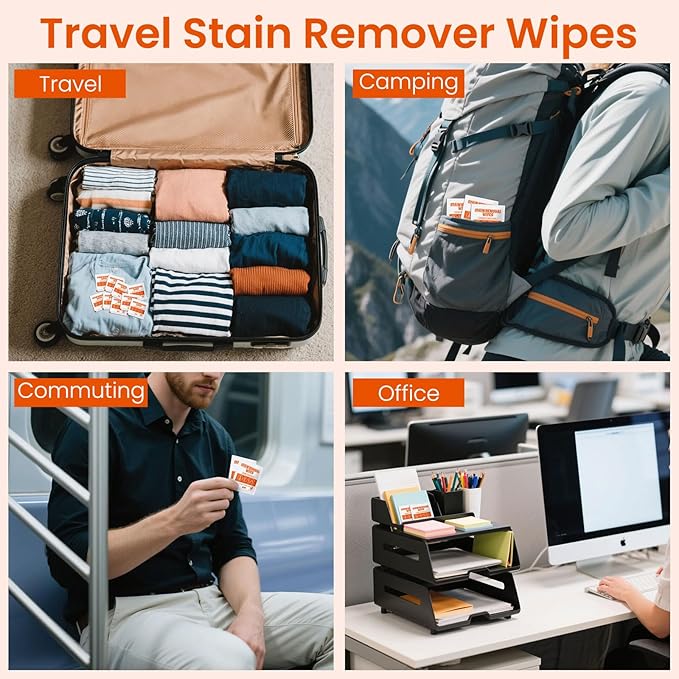 Stain Remover Wet Wipes Bulk, Individual Wrapped Clothes Portable Travel Messy Eater Cleaning Laundry Stain Removal Wipes Pocket Size for Clothing Fabric/Shoes/Wine/Fast Food 7.1 x 4.7 Inch (White 50)