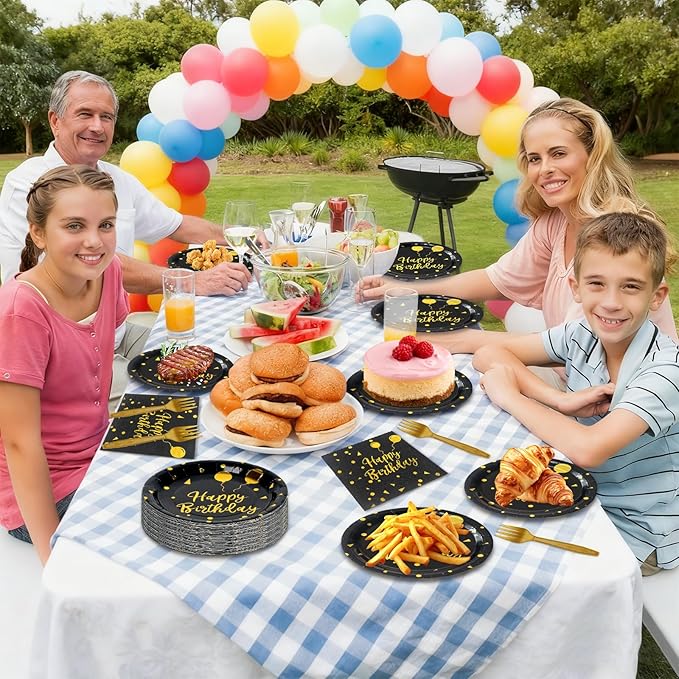 75 Pcs Happy Birthday Paper Plates,Serves 25 Guests Black Gold Plates and Napkins with Gold Forks,Disposable Paper Tableware Set for Birthday Party Decorations