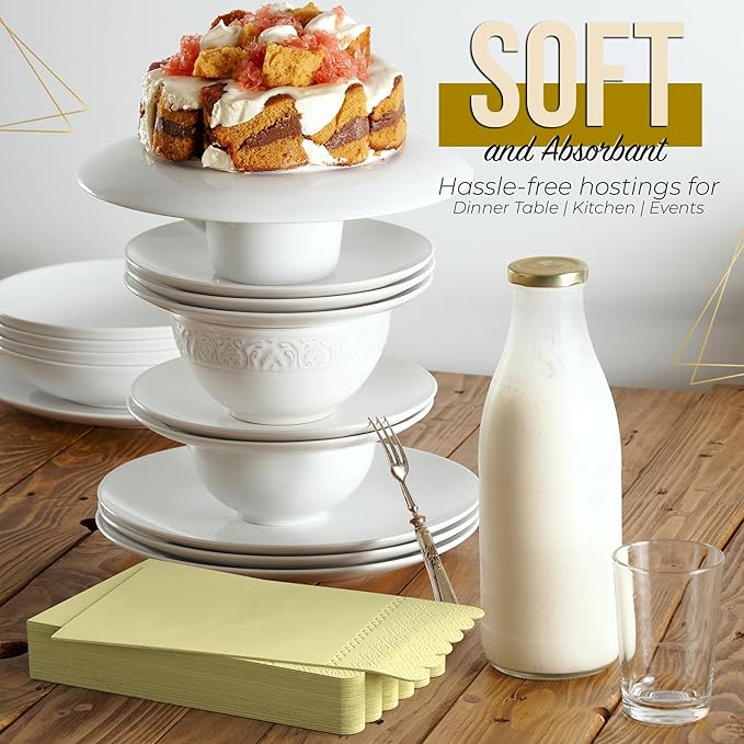 Party Solids Yellow Scalloped Napkins Disposable 100 Pcs 3-Ply Yellow Scalloped Dinner Napkins Disposable Decorative for Dinners & Parties, Paper Guest Towels for Bathroom & Party Supplies
