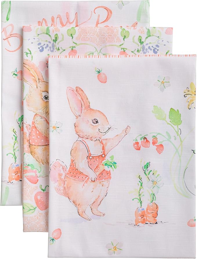 Maison d' Hermine Kitchen Towels Set of 3 100% Cotton 27.50" x 20" Reusable Cloth Tea Dish Towels Absorbent with Hanging Loop for Kitchen Farmhouse Hotel Spring Summer - Bunny Party