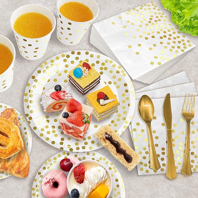 AIRE 350PCS White Gold Paper Plates Party Supplies for 50 Guests Party Decorations Disposable Dinnerware Paper Plates Cups Napkins Gold Plastic Forks Knives Spoons for Wedding Birthday Engagement