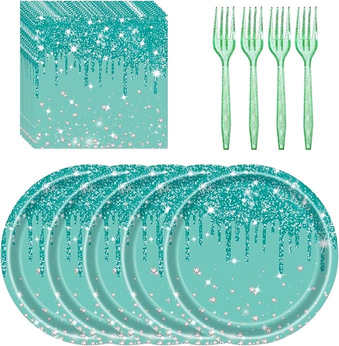 72 Pcs Teal Glitter Paper Plates 7in Disposable Paper Dessert Plates Napkins and Forks Party Tableware Set Happy Birthday Table Decorations for 24 Guests Blue Green Silver Birthday Wedding Theme Party