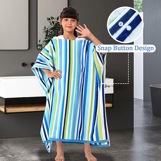 VOOVA & MOVAS Surf Poncho Towels for Teens (8-16Years), 100% Cotton Absorbent Thick Poncho Towel for Big Kids | Boys | Girls, Perfect for Pool, Beach, Bath, Blue Green White Stripe