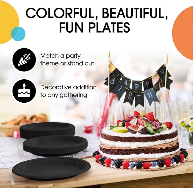 Exquisite Party Solids Black Plastic Plates For Party Supplies 7" Black Disposable Plates Heavy Duty 50 Pcs Plastic Dinnerware Sets Heavy Duty 350 GSM Disposable Dinnerware Set