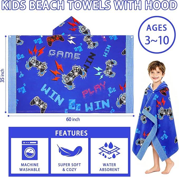 Hooded Towels for Kids - Superfine Fiber Video Gaming Gamepad Toddler Hood Bath Towels Beach Hooded Poncho Absorbent Pool Toddler Swim Bath Wrap for Boys & Girls 3-10 Years, 60 * 35 inches