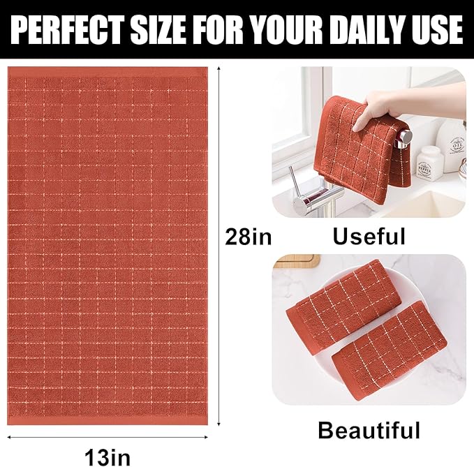 Homaxy 100% Cotton Terry Kitchen Towels(Rust, 13 x 28 inches), Checkered Designed, Soft and Super Absorbent Dish Towels, 8 Pack