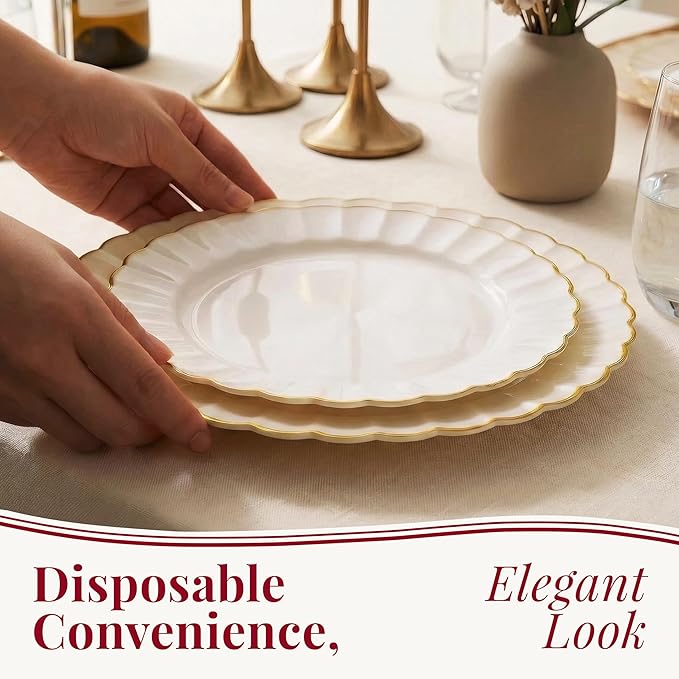 By Madee HEAVYWEIGHT Plastic Plates for Party | 60 Pc Ivory Scalloped Plates with Gold Trim | Fancy Disposable Plates for Weddings, Bridal Showers & Events | 30 Dinner & 30 Dessert