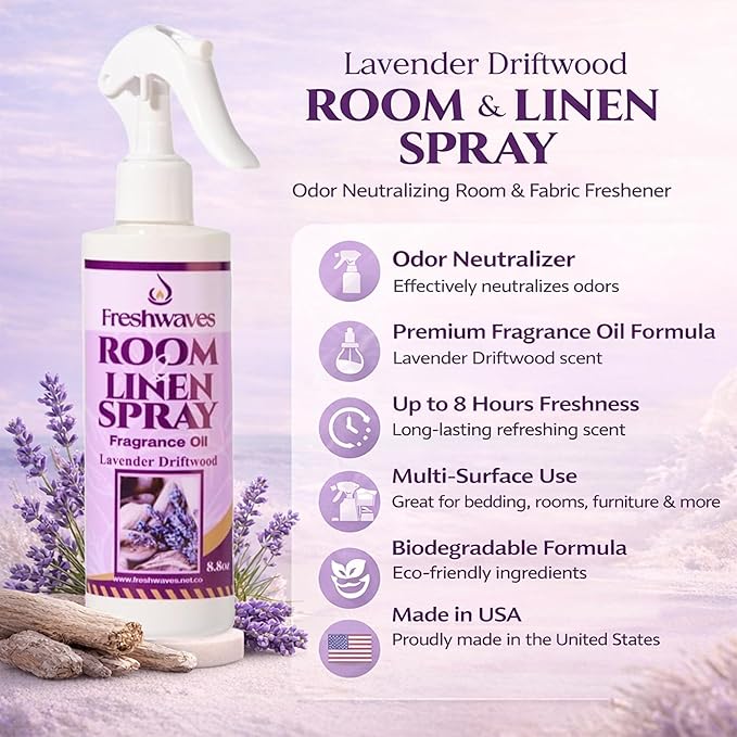 Freshwaves Room & Linen Spray | Lavender Driftwood | White Trigger Air Spray Freshener | Odor Eliminator | Air Freshener Spray | 8.8oz