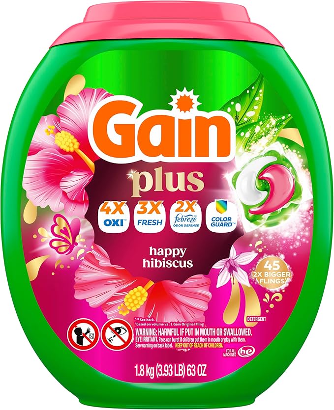 Gain Plus Flings Liquid Washing Detergent Pods, Gain's Best Clean, All-In-One, Happy Hibiscus Scent Laundry Pacs, 45 Count (Packaging May Vary)