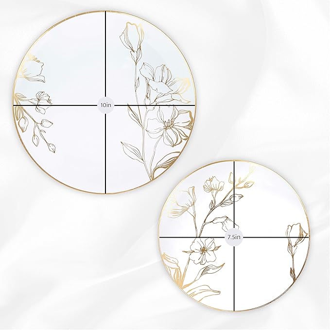 PLASTICPRO 32 Piece Combo Plates Set includes 16-7'' inch Plates & 16-10'' inch Plate White Plastic Floral Design Party With Gold Rim, Premium heavyweight Elegant,Dishes,