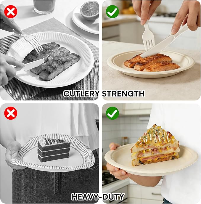 Compostable Plates 9&7 Inch with Cutlery，Heavy Duty Paper Plates 50 Pack, Disposable Dinnerware Sets Biodegradable Sugarcane Bagasse Dinner Plates for Everyday Use, Party, Family (Microwave Safe)
