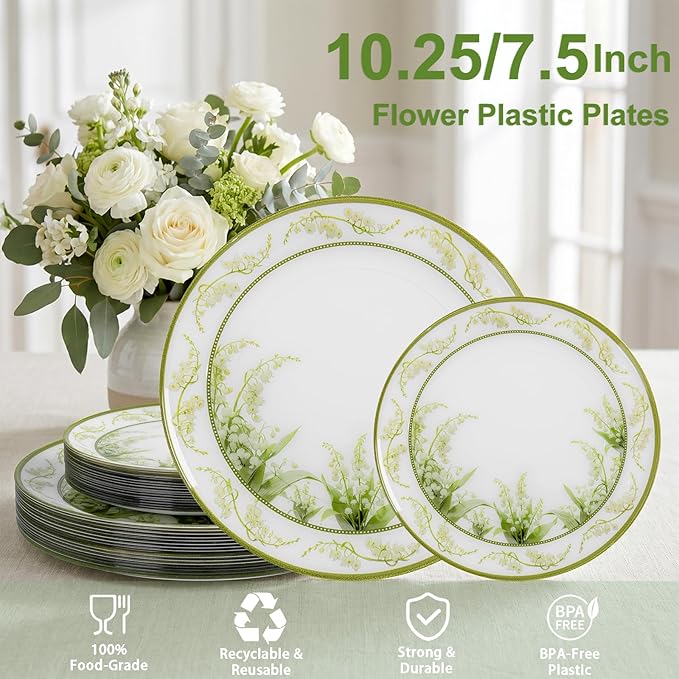 30Pcs Clear Plastic Plates - Lily of the Valley Plates Disposable Heavy Duty, Perfect for Weddings, Tea Parties, Holidays - 10.25" Dinner & 7.5" Dessert Plastic Plate