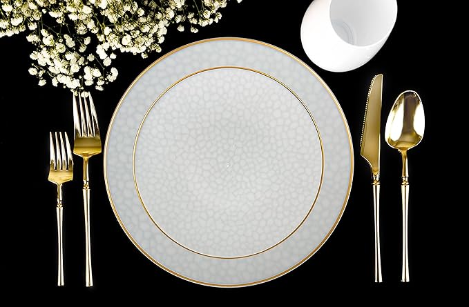 PLASTICPRO 30 Pack Hammered Plastic Plates Heavyweight Disposable Plastic Plates Elegant Transparent White With Gold Rim Platsic Party Dishes (Transparent White With Gold Rim, 10'' INCH PLATES)