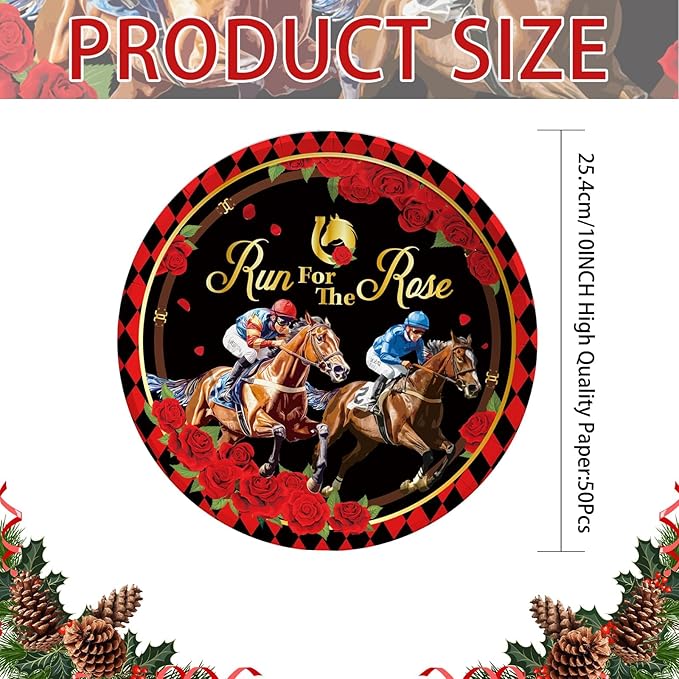 50Pcs Derby Paper Round Plates 10" Heavy Duty Run for the Roses Disposable Dessert Plates Derby Day Racing Horse Dinner Plates Tableware Sets for Kentucky Horse Birthday Party Supplies Decorations