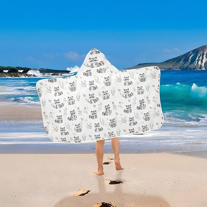 Kid Beach Towel Cute Raccoon White Hooded Towels for Kids Quick Dry Toddler Bath Towel