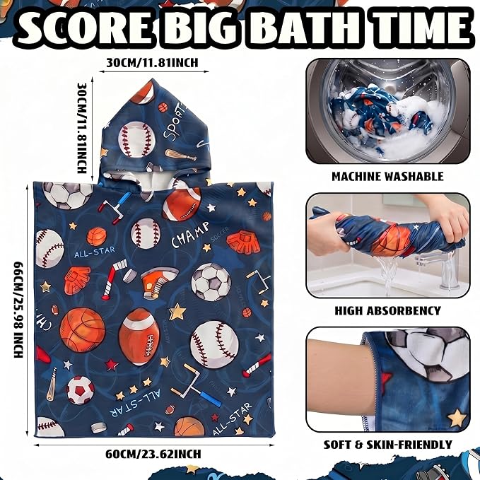 Fanfanwin Sports Cotton Bath Towel Ball Hooded Beach Bath Towel 37.8x23.62 Inches Football Golf Baseball Poncho with Snap Buttons Hood Soft Rapid Dry for Beach, Pool, Swim, Travel, Home Use