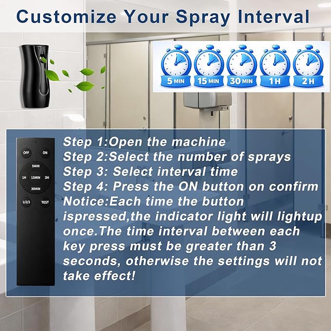Automatic Air Freshener Dispenser 2-Pack with Remote, Battery Operated Wall Mount or Freestanding Spray, Adjustable Timer for Bathroom, Office & Home (BLACK)
