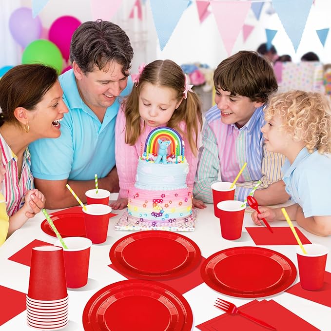 228PCS Red Party Supplies Set Include Paper Plates Cups Red Napkins Plastic Spoons Forks Knives for 30 Guests Disposable Party Dinnerware for Birthday Wedding Family Picnic