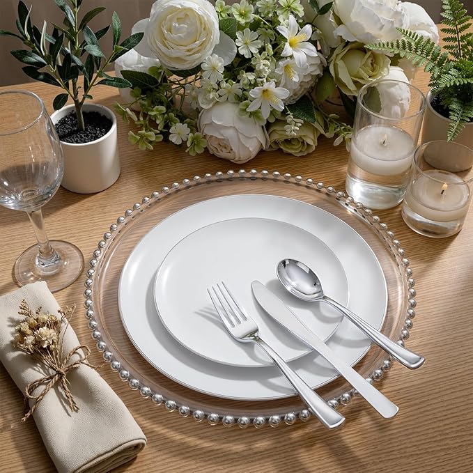 KIRE 200PCS Silver Plastic Plates - White Plastic Plates with Silver Rim Include 100 Dinner Plate and 100 for Dessert/Salad Plate for Birthday/Wedding/Party/Father's Day