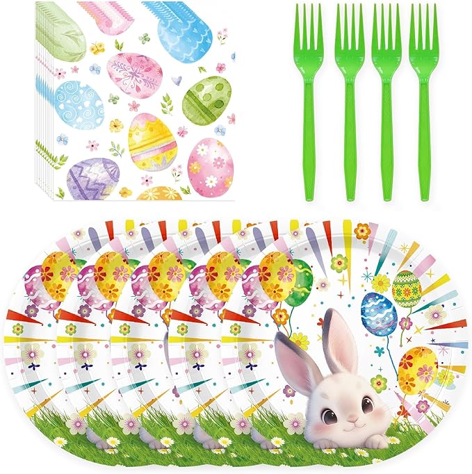 72 Pcs Easter Paper Plates 7in Disposable Bunny Dessert Plates Napkins and Forks Easter Party Tableware Set Decoration Supplies for Spring Birthday Baby Shower Party, Serve 24