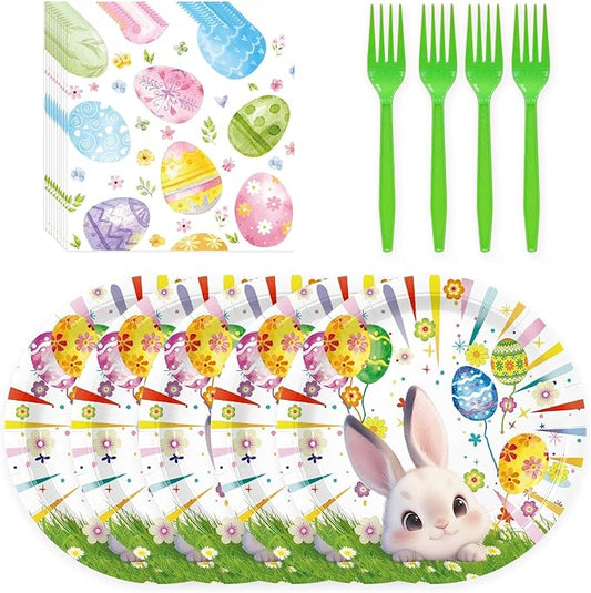 72 Pcs Easter Paper Plates 7in Disposable Bunny Dessert Plates Napkins and Forks Easter Party Tableware Set Decoration Supplies for Spring Birthday Baby Shower Party, Serve 24