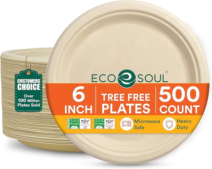 ECO SOUL Compostable Paper Plates 6 Inch, 500 Pack – Small Disposable Dessert Plates, Heavy Duty, Natural Bagasse, Leak-Resistant, Microwave Safe, Eco-Friendly Round Appetizer Plates for Party & BBQ