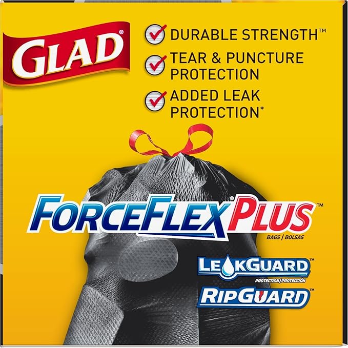 Glad Trash Bags, Large Drawstring Garbage Bags‚ ForceFlexPlus 30 Gallon Black Trash Bag - 25 Count Each (Pack of 6)