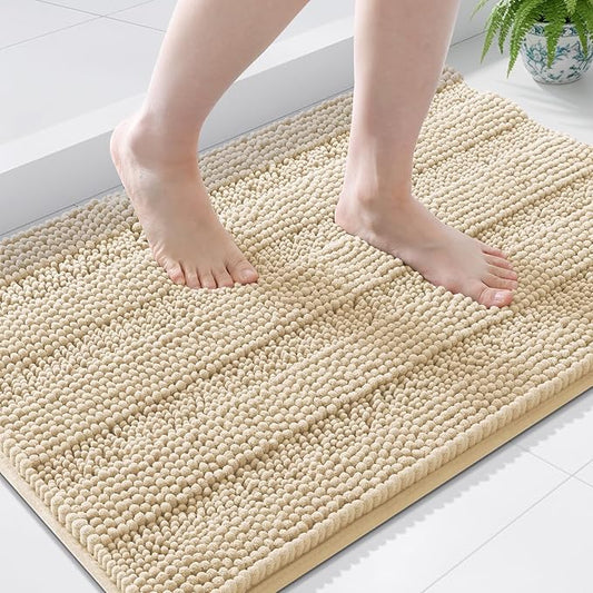 Grandaily Chenille Striped Bathroom Rugs 36x24, Extra Thick and Soft Absorbent Bath Mats, Rubber Backing, Plush Shaggy Shower Carpet, Machine Wash Dry, Bath Rug for Bathroom, Light Beige