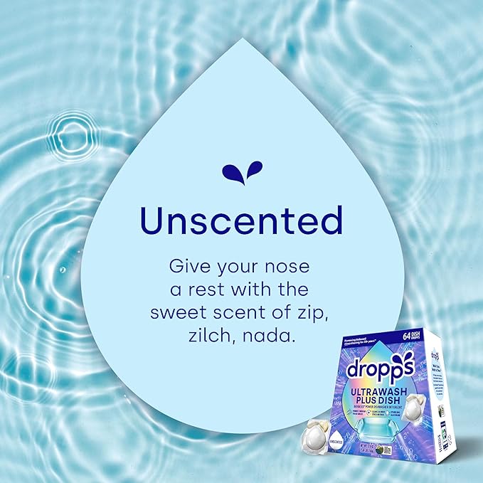 Dropps UltraWash Plus Dishwasher Detergent Pods, Unscented (64 Ct) Free & Clear | Triple Action | Built In Rinse Aid | Cuts Grease & Stuck-On Food | Sparkling Dishes | Residue-Free | Clean Ingredients