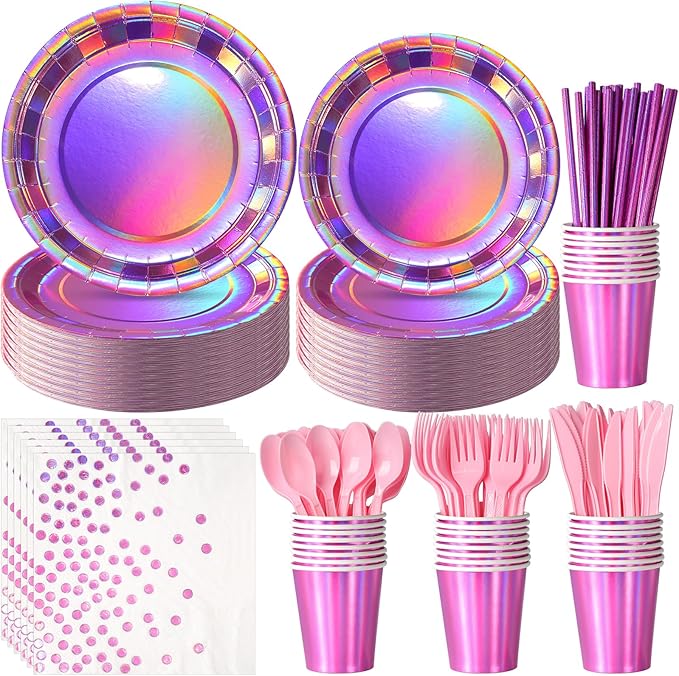 Iridescent Pink Party Supplies Decorations Serve100, Hot Pink Holographic Paper Plates and Napkins Set, Disposable Pink Paper Plates Cups Knives Spoons Fork for Mermaid Disco Kpop Birthday Party Decor