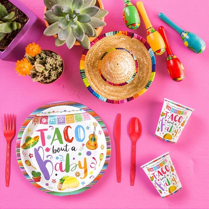 Pickmesh 400 Pcs Taco Bout a Baby Decoration, Mexican Birthday Party Supplies with Taco Plates Napkins Cups and Cutlery, Fiesta Baby Shower Birthday Party Favors for 50 Guests