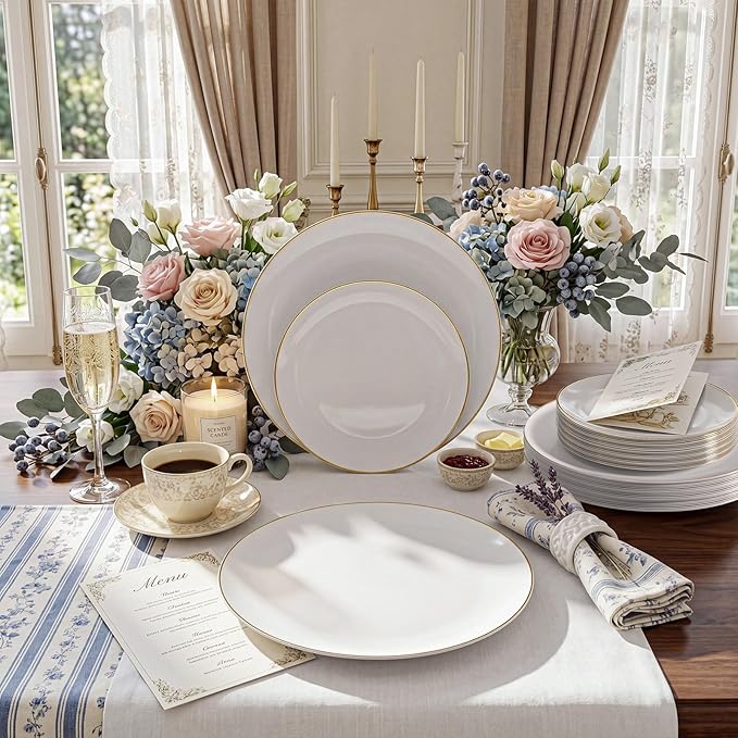 KIRE 60PCS Gold Plastic Plates - Heavy Duty White Disposable Plates with Gold Rim - Include 30Pieces 10.25inch Dinner Plate and 30Pcs 7.5inch Dessert Plate for Wedding/Spring/Graduation/Party
