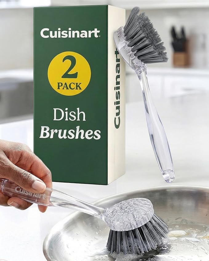 Cuisinart Dish Brush with Handle 2 Pack – Kitchen Scrub Brush for Dishes, Pots & Pans, Non-Scratch Dish Scrubber, Firm Bristles for Sink & Cookware, Comfortable Grip for Everyday Cleaning
