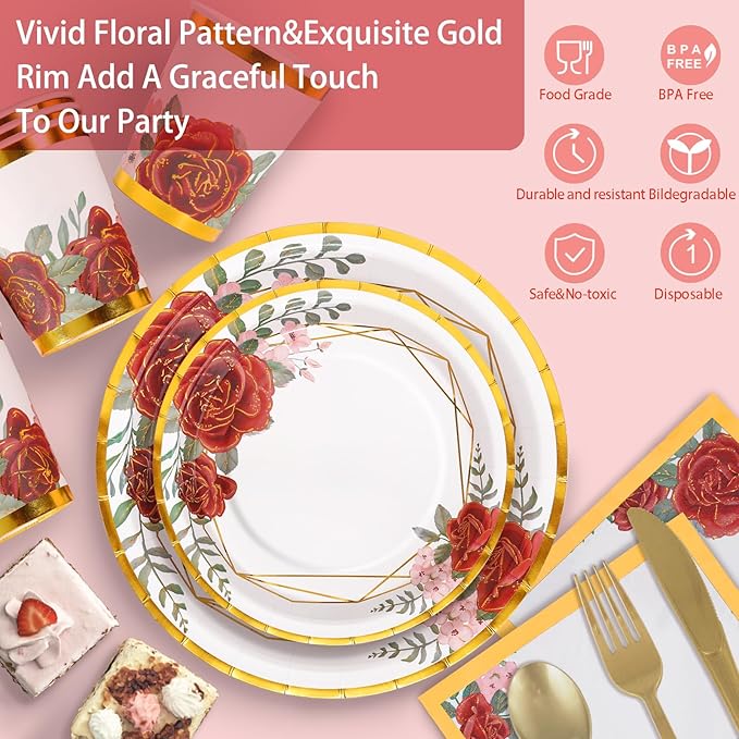 Floral Paper Plates Party Supplies 168PCS Bridal Shower Plates and Napkins Set Disposable Serve 24 Guests, Burgundy Flower Plates Disposable for Women Birthday Party Decorations