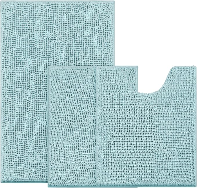 BYSURE Light Blue Bathroom Rugs Sets 3 Piece Non Slip Extra Absorbent Plush Chenille Soft Washable Bath Mats