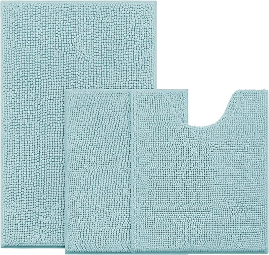 BYSURE Light Blue Bathroom Rugs Sets 3 Piece Non Slip Extra Absorbent Plush Chenille Soft Washable Bath Mats