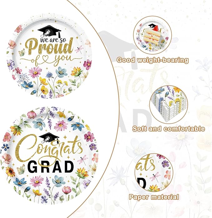 100 Pieces Graduation Party Tableware Set – Congrats Grad Floral Plates, Napkins and Forks, Wildflower Disposable Dinnerware for Class of 2026 Graduation Party Supplies