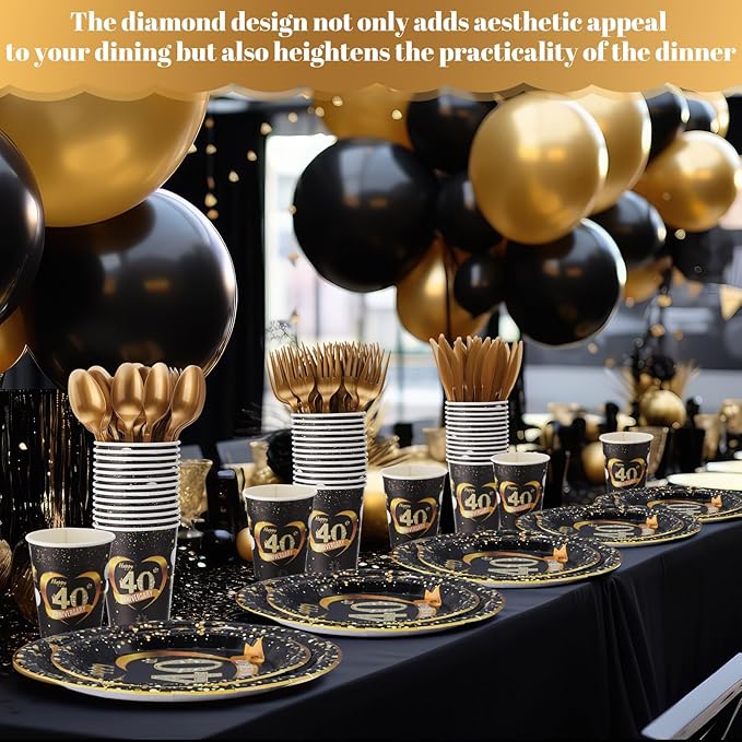 Pickmesh 400 Pcs 40th Wedding Anniversary Party Decorations Set, Includes 40th Anniversary Plates, Napkins, Cups, Cutlery for Birthday Wedding Party Favors, Serves 50 Guests