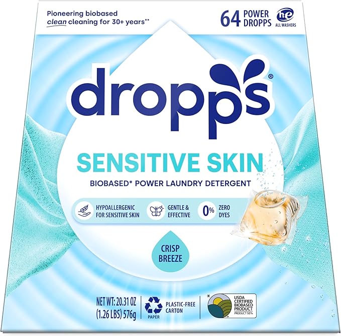 Dropps Sensitive Skin Laundry Detergent Pods, Crisp Breeze (64 Count) - Hypoallergenic & Dermatologist Tested | Dye Free | Laundry Pods for Sensitive Skin | Clean Ingredients | Plastic Free Packaging