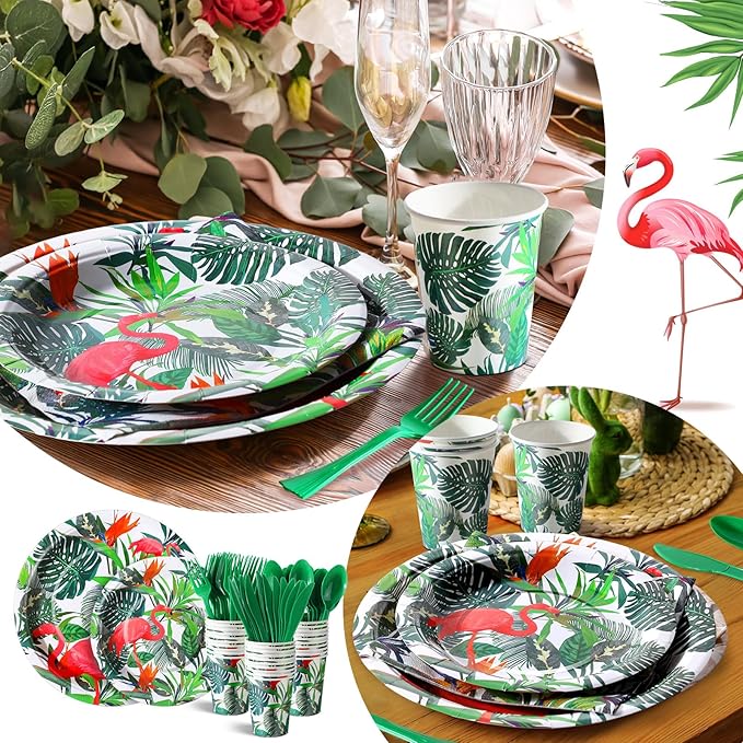 FillTouch 350 Pcs Flamingo Party Supplies Serve 50 Guests Hawaiian Luau Flamingo Birthday Decorations Include Plates Napkins Cups Knives Forks Spoons Disposable Dinnerware Set for Summer Birthday