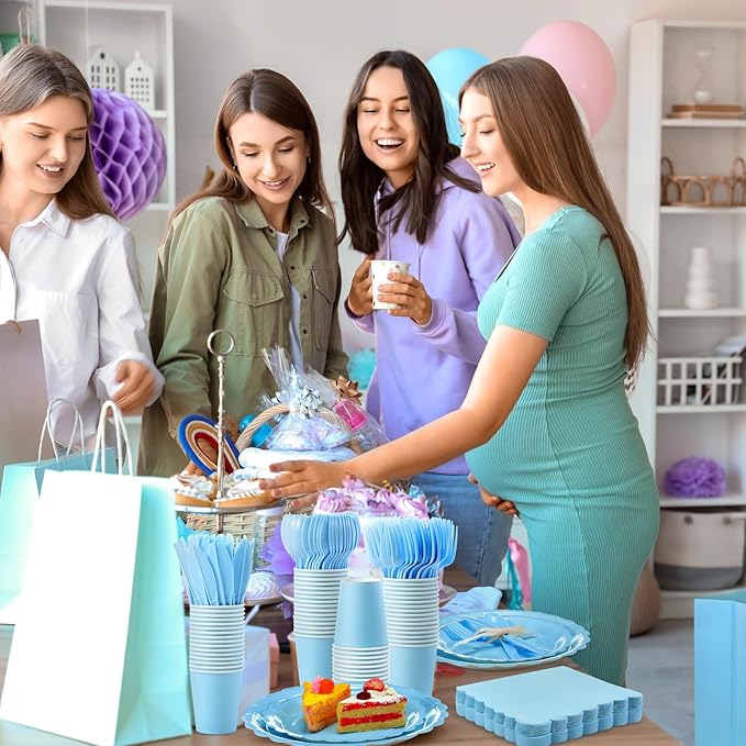 Ziliny 200 Pcs Light Blue Plates and Napkins, 25 Guest Spring Party Supplies Include Scalloped Paper Plates Napkins Cups Plastic Spoons Forks Knives Disposable Tableware Set for Baby Shower