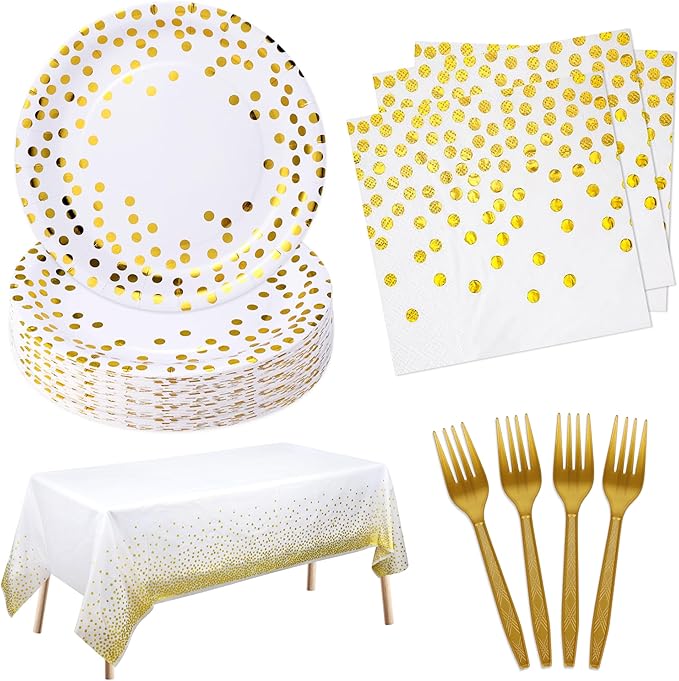 White and Gold Paper Plates and Napkins Tablecloth Party Supplies,Serves 25 Guests White Gold Plates and Napkins Tablecloth,Disposable Tableware Set for Birthday Graduation Retirement Decorations